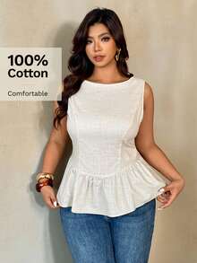 Auralis Blusa sin mangas de talla grande con textura y dobladillo con volantes, elegante para el trabajo/ir y venir, estilo preppy/blusa sin mangas con dobladillo acampanado y ribete con volantes / Blusa de talla grande casual para playa/vacaciones / Blusa de peplum blanca - Albaricoque - Ver 4