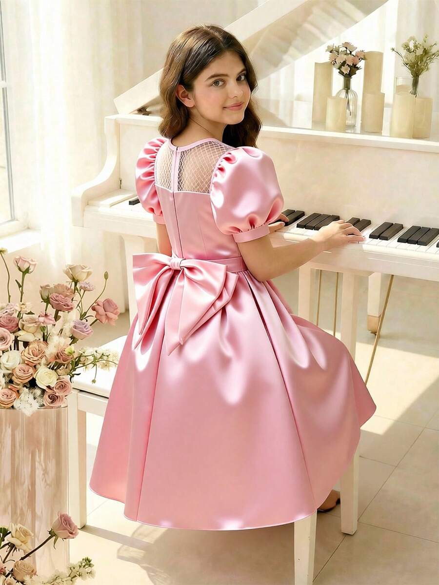 Đầm satin ôm dáng thanh lịch với nơ và tay áo cánh hoa dành cho bé gái tuổi teen, thích hợp cho các buổi tiệc tối, Giáng sinh, đám cưới, dạ hội, kỳ nghỉ, lễ tốt nghiệp. - Hồng - Xem 1