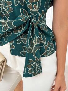 Miaspire Women's Floral Pattern Round Neck Asymmetric Hem Casual Top - Multicolor - View 4