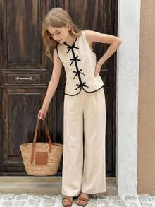 SHEIN Tween Girls Casual Elegant Striped Round Neck Contrast Bow Decor Vest And Pants 2 Pieces Outfit,Kids - Khaki - View 2