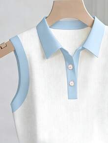 Franclia Áo tank top không tay phối màu tương phản thời trang nữ - Xanh và trắng - Xem 3