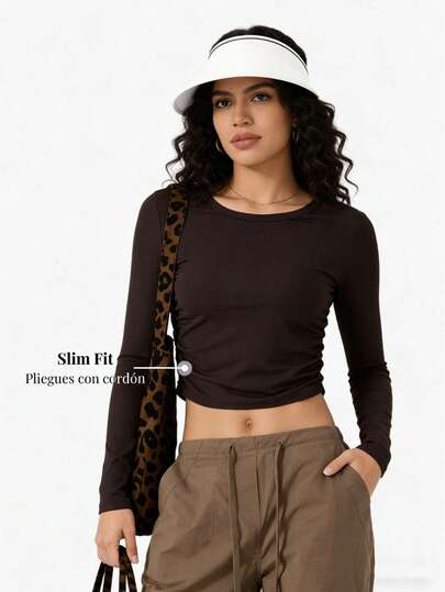 Top corto informal de punto acanalado de antelina para mujer, manga larga, cuello redondo, corte ajustado