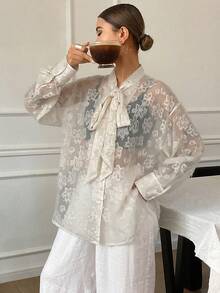 DAZY 女士宽松纯色长袖雪纺系领休闲夏季上衣外出服 - 杏色 - 查看 4