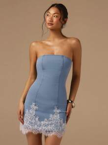 COSMINA Women's Light Blue Denim Sleeveless Lace Patchwork Mini Skirt Casual Elegant Denim Dress - Baby Blue - View 5