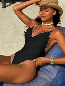 SHEIN Swim Vcay-D Women's Solid & Random Leopard Print Deep V One-Piece Swimsuit, Spring/Summer - Black - View 5