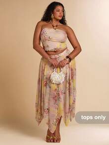 SHEIN BAE Plus Size Women Floral Print Fitted Sleeveless Tube Top, Summer Tops - Multicolor - View 4