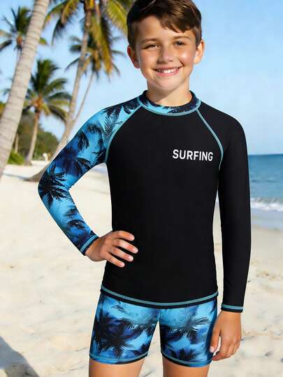 SHEIN 2Pcs/Set Tween Boy Casual Letter & Palm Tree Print Swimsuit Top And Swimshorts Set, Ideal For Beach Vacation, Swimming, Surfing, Great Value