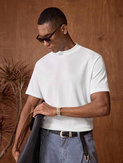 AKNOTIC 男士纯色立领休闲百搭短袖针织T恤