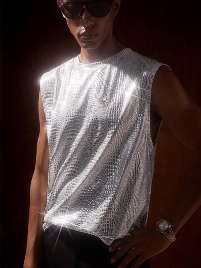 AKNOTIC 男款節日編織蛇紋PU寬帶黑色背心，適用於休閒穿著和音樂節