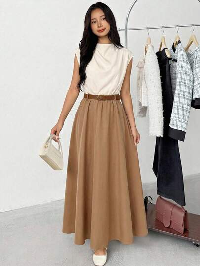 Teen Girl Minimalist Elegant White Mandarin Collar Sleeveless Ruched A-Line Maxi Dress For Daily Commute