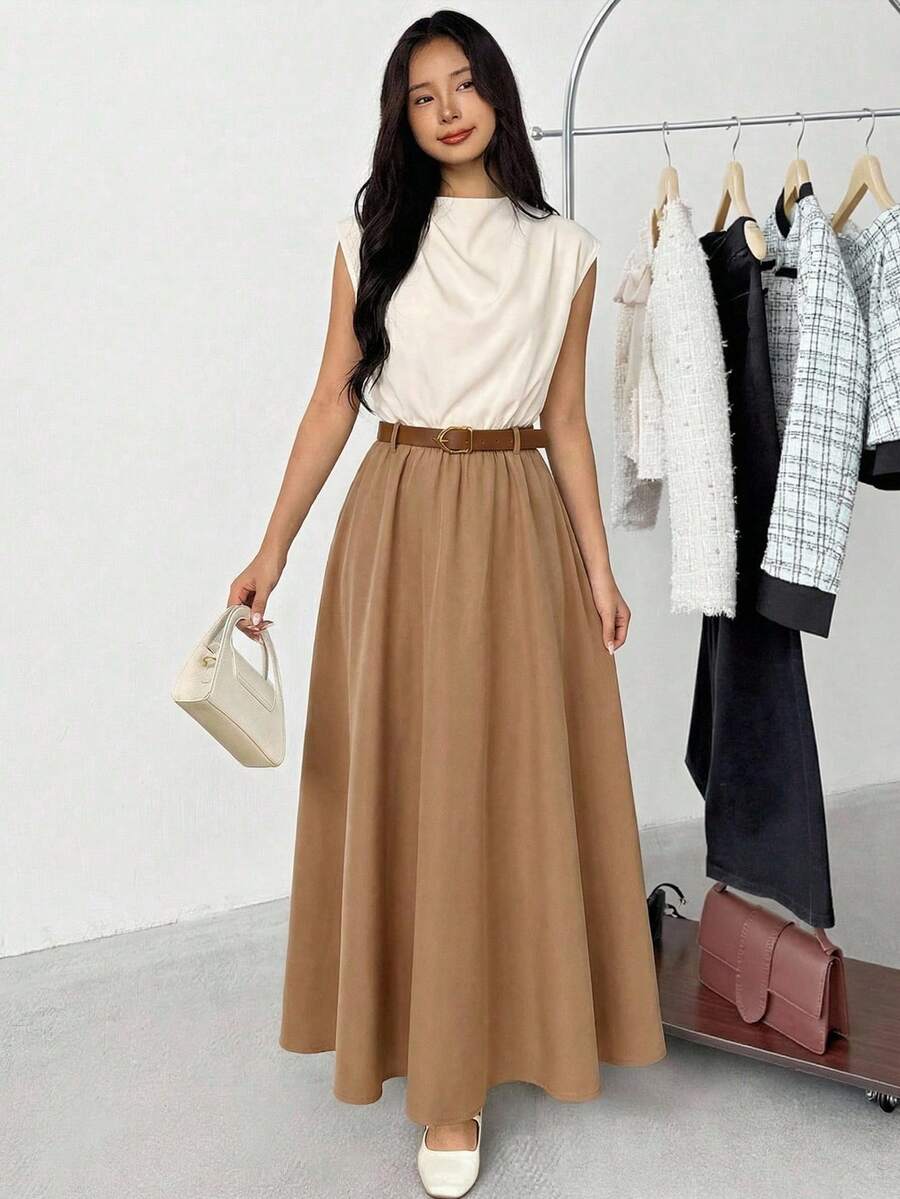 Teen Girl Minimalist Elegant White Mandarin Collar Sleeveless Ruched A-Line Maxi Dress For Daily Commute - Khaki - View 1