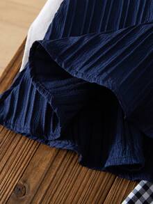 女童夏季两件套：藏蓝色褶皱吊带背心，饰有白色蝴蝶结，搭配蓝白格子阔腿裤，清新甜美，宽松舒适，时尚休闲的儿童夏季服装。 - 寶藍色 - 查看 5