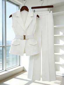 GlowEve Women's Sleeveless Waistcoat With Metal Buckle Waist Belt, Fashionable Versatile Elegant Outerwear - White - View 1