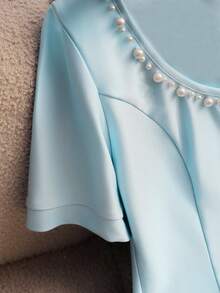 GlowEve 女士夏季圆领无袖修身开衩下摆串珠奢华针织闪亮休闲优雅百搭蓝色T恤 - 藍色 - 查看 5