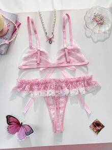 PetitDoll Women's Contrast Color Bow Decor Lace Lingerie Set - Pink - View 7