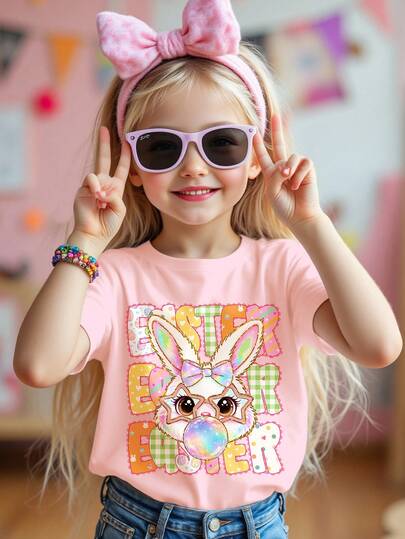 SHEIN Camiseta de manga corta, cuello redondo, estilo minimalista casual para niña, con estampado de conejo de dibujos animados en color coral rosa, adecuada para uso diario en primavera/verano, estilo callejero, salidas, hogar, vacaciones, días festivos, Pascua