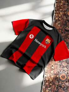 Aesthetic Post Retro Streetwear, Barcelona Spotify Logo & Badge Embroidery, Men's Red & Blue Striped Short Sleeve Soccer Jersey T-Shirt - Multicolor - View 4