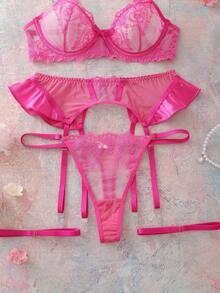 Conjunto de lencería sexy con 5 piezas, sujetador con aros y bordado de corazón - Rosa Fucsia - Ver 10