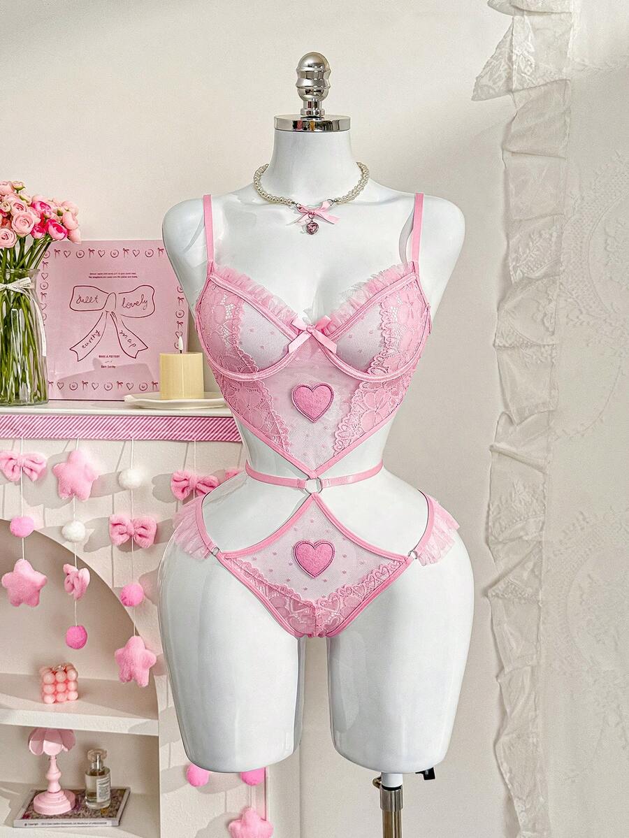 Đồ lót ren hồng thêu hình trái tim dễ thương và lãng mạn - Hồng - Xem 1