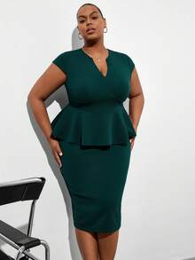 Chikora Plus Size Dark Green Summer Elegant Formal Women's Two-Piece Set,Minimalist Jacquard Knit 2 Pieces Short Sleeve Business Professional Office Outfits - Green - View 8