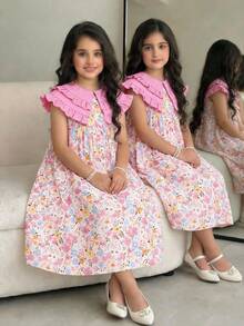 Tween Girl Loose Elegant Floral Pattern Ruffle Collar Sleeveless Dress - Multicolor - View 2