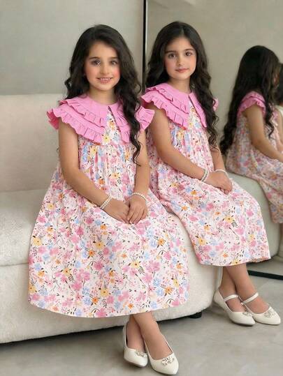 Tween Girl Loose Elegant Floral Pattern Ruffle Collar Sleeveless Dress