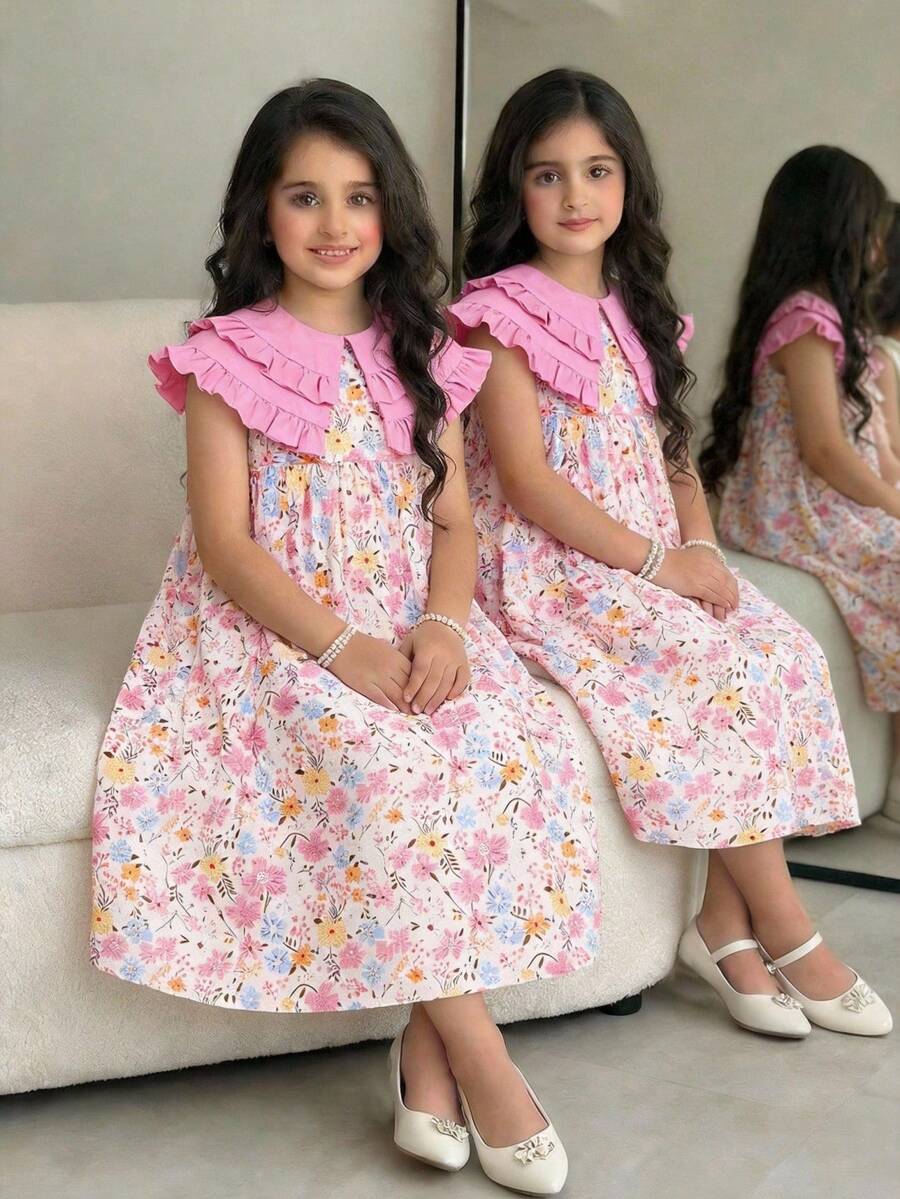 少女宽松优雅碎花荷叶边领无袖连衣裙 - 彩色 - 查看 1