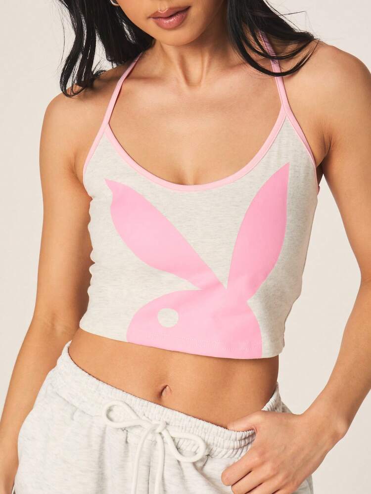 Missguided x Playboy Women Halterneck Tank Top With Bunny Graphic Print And Crisscross Back Straps Casual Summer Fashion