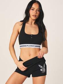 Missguided x Playboy Black Ribbed Scoop Neck Crop Top With Contrast Logo Band Detail And Button Front Closure - Black - View 1
