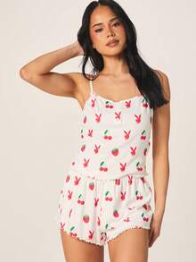 Missguided x Playboy Women's Printed Pointelle Pajama Set With Cami Top And Lettuce Edge Shorts Summer Sleepwear Loungewear - Multicolor - View 6
