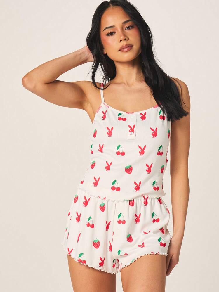 Missguided x Playboy Women's Printed Pointelle Pajama Set With Cami Top And Lettuce Edge Shorts Summer Sleepwear Loungewear