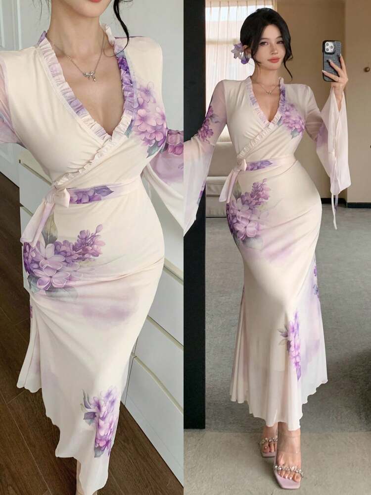 Women's Elegant Floral V-Neck Frill Tie Waist Flare Sleeve Mid-Length Dress, Spring/Summer Sundress
