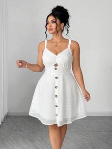 SHEIN Clasi Women's Solid Color Button Fashionable Chic Party Gym Dress Brown Summer - White - View 3