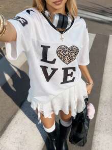 MainGRL 2026春夏新款Y2K街头风白色网眼宽松T恤，LOVE字母和豹纹爱心印花撞色滚边宽松女式上衣，夏季节日及日常休闲穿着，运动美学T恤 - 白色 - 查看 4