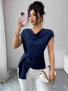 Roylia 女士休闲通勤百搭度假宽松蝙蝠袖不对称下摆柔软衬衫，蓝色，夏季女士上衣 - 藏蓝色 - 查看 4