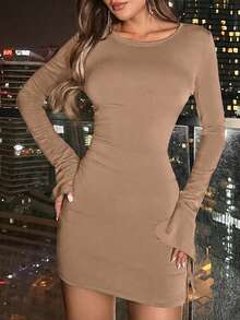 Solid Split Sleeve Bodycon Dress - Apricot - View 3