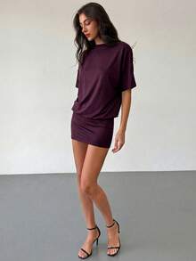 Aloruh Purple Elegant Knit Backless Mini Dress, Loose Top & Tight Bottom For Women - Purple - View 5