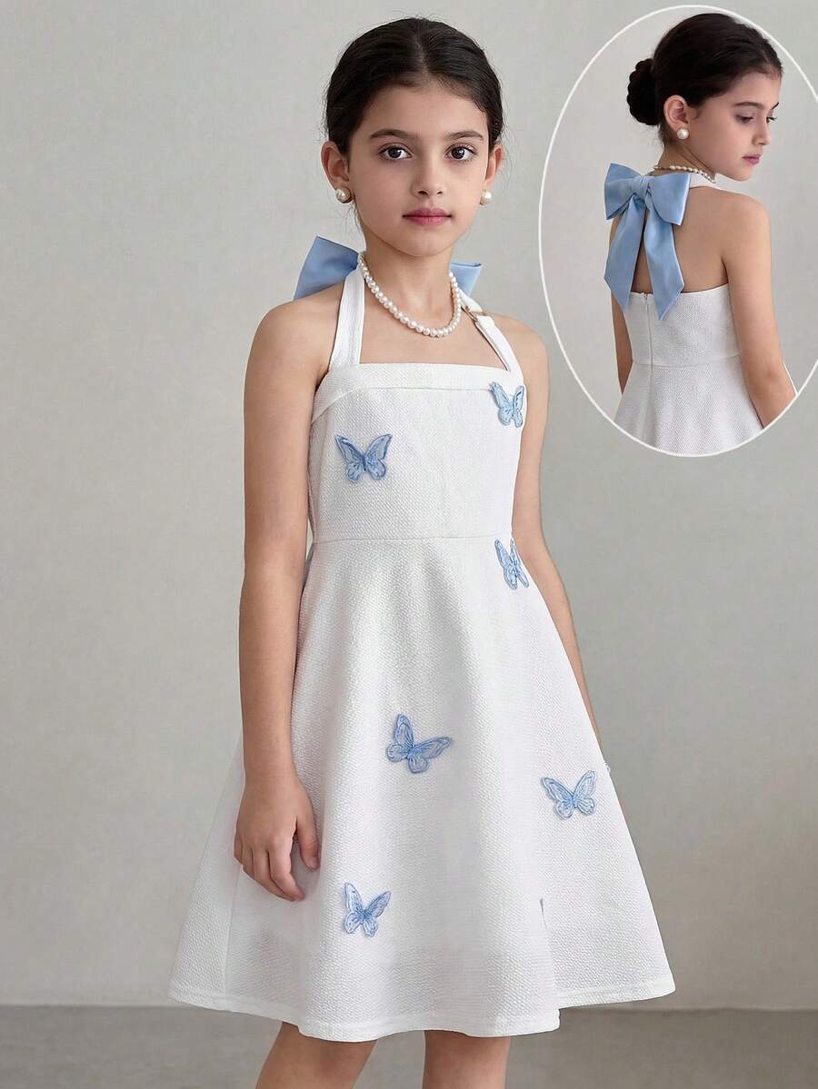 SHEIN Tween Girls Embroidered Butterfly Contrast Color Halter Neck Fitted Dress,Kids - Blue and White - View 1