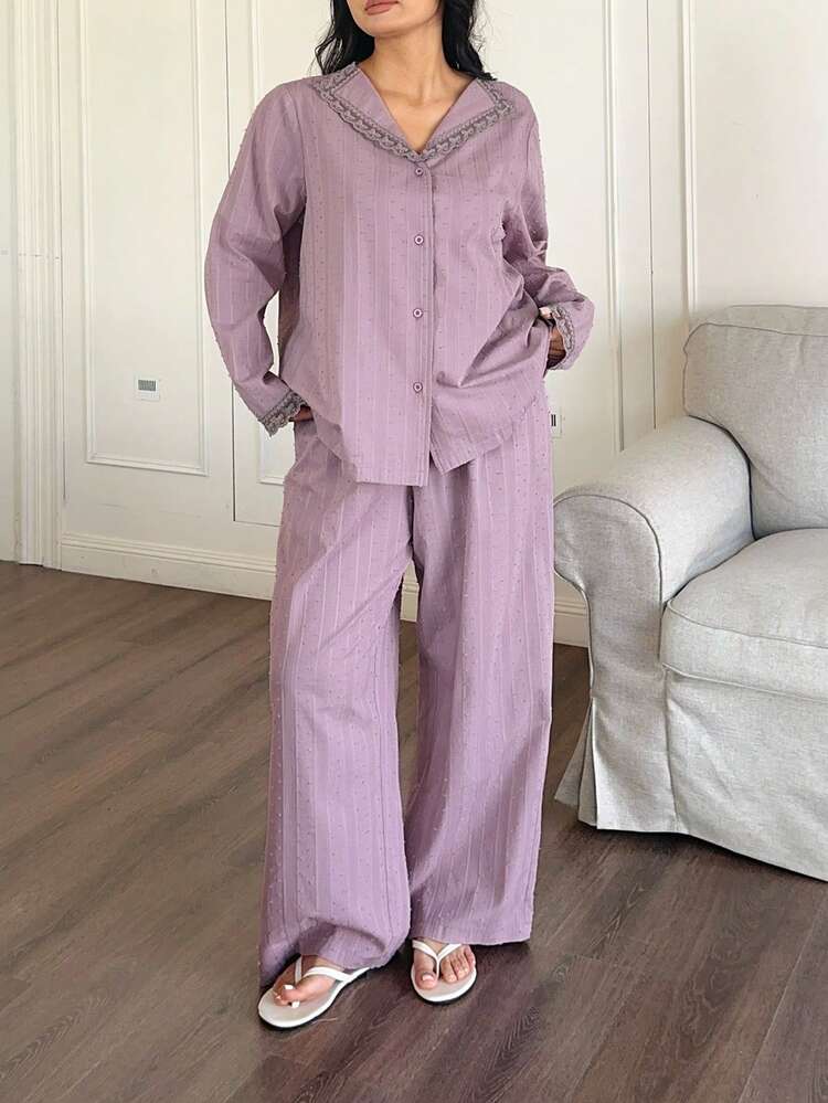 Dazy Plus Casual Textured Fabric Contrast Lace Elegant Long Sleeve Top And Loose Straight Leg Pajama Pants Set, Spring/Autumn