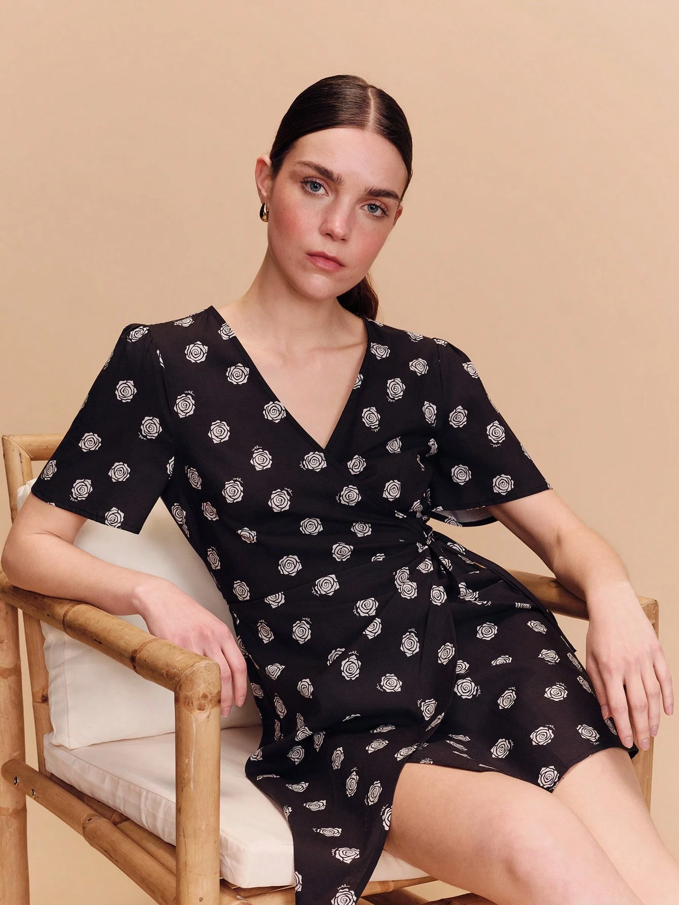 Black Floral-Print Mini Wrap Dress With Short Sleeves Cute Dress Spring Summer French Style Parisian Style Holiday Flower Dress Business Casual Wedding Guest Dress