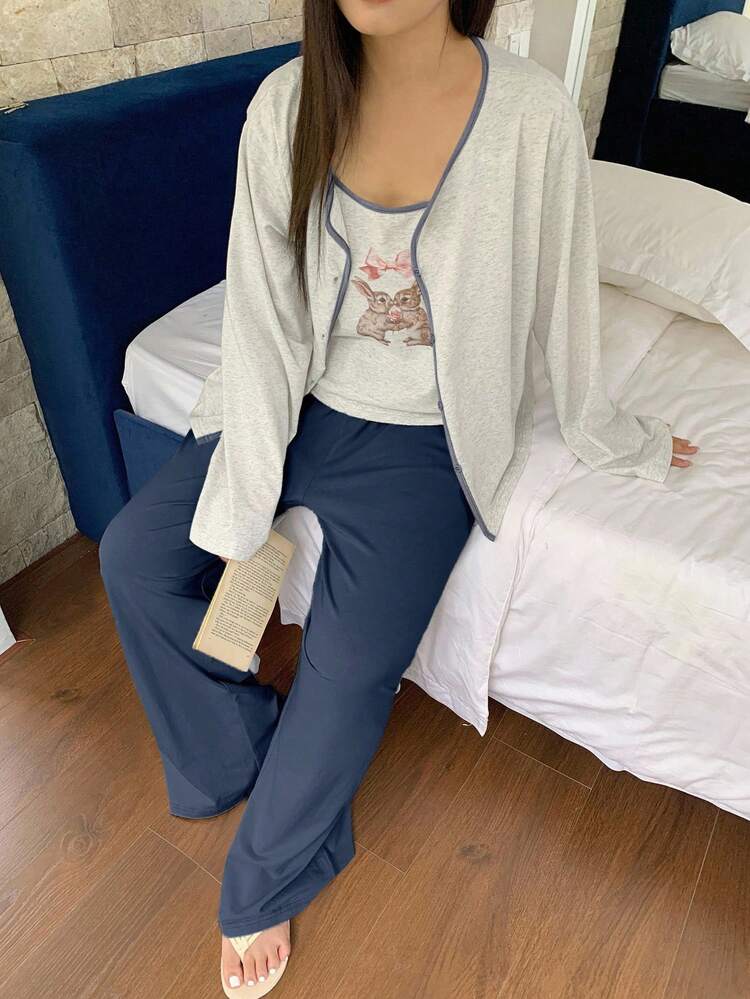 Dazy Plus 3pcs Contrast Color Cute Rabbit Print Camisole Cardigan & Solid Color Pants Pajama Set, Plus Size Women