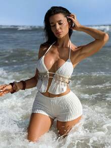 Sirith Women's Sexy White Tassel Tie-Up 2 Pieces Set - White - View 4