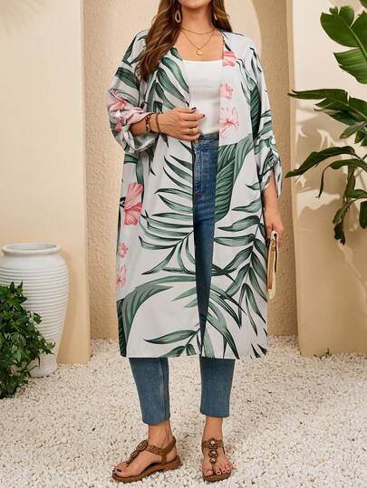 EMERY ROSE Plus Size Women Tropical Plant Print Roll-Up Sleeve Casual Mid-Length Jacket,Summer Outfits ,Easter,Beach Outfits,Beach Vacation Outfits For Women,Vacation Outfits Women