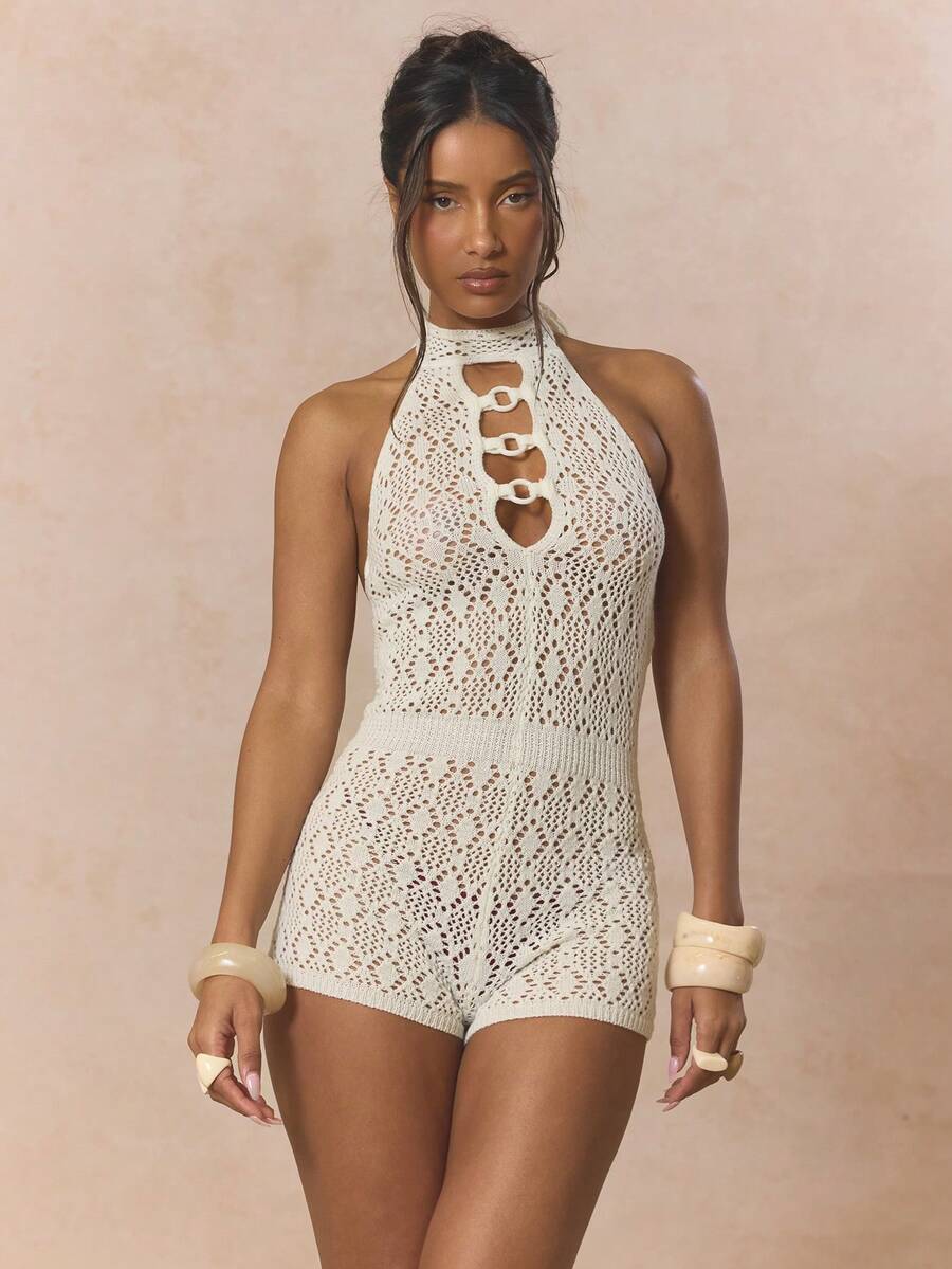 MUSERA High Neck Ring Cut Out Bust Detail Crochet Pattern Mini Short Playsuit Romper Unitard Cute Spring Holiday Girly Sugar Salt - White - View 1