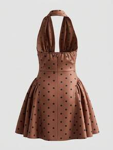 Pariaura 2026 New Women's Satin Polka Dot Halter Neck Backless Mini Dress - V-Neck Ruched Flared Hem Spring Summer Party Dress - Brown - View 4