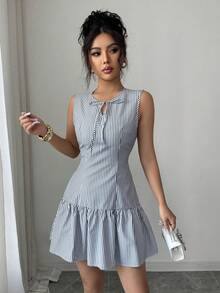 Modelyn Đầm ngắn nữ kẻ sọc cổ tròn khoét lỗ không tay kiểu dáng thường ngày - Màu xanh lam - Xem 6