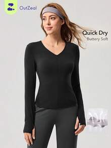OutZeal 女士运动T恤 黑色瑜伽健身服 速干长袖V领修身上衣 - 黑色 - 查看 1