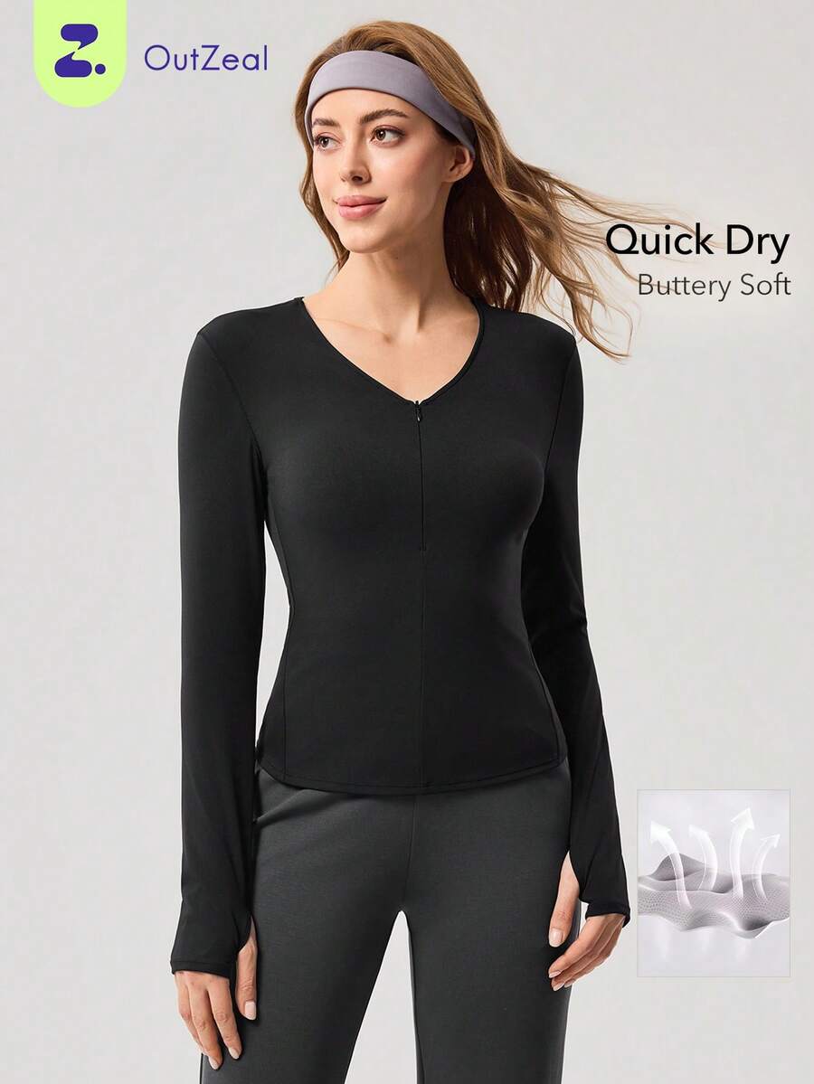 OutZeal 女士运动T恤 黑色瑜伽健身服 速干长袖V领修身上衣 - 黑色 - 查看 1