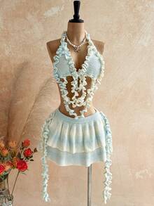 Soleia Women's Frill Trim Knit Halter Top And Double Frill Trim Knit Midi Skirt Set - Multicolor - View 5