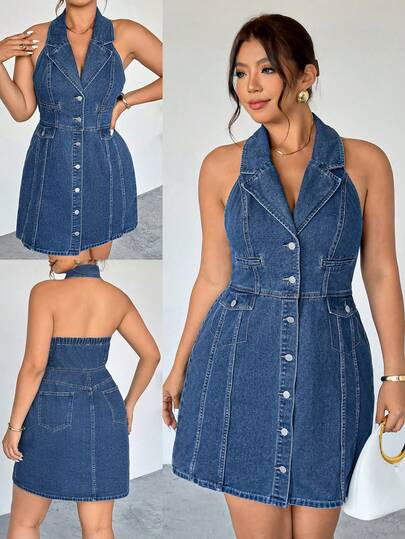 Firerie Plus Size Summer Fashion Front Button Flat Collar Sleeveless Denim Dress